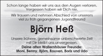 Traueranzeige von Björn Heß von  Kreisanzeiger