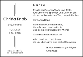 Traueranzeige von Christa Knab von vrm-trauer