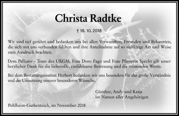 Traueranzeige von Christa Radtke von  Gießener Anzeiger