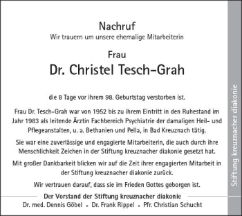 Traueranzeige von Christel Tesch-Grah von vrm-trauer