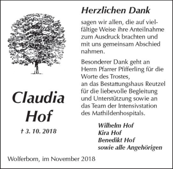 Traueranzeige von Claudia Hof von  Kreisanzeiger