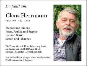 Traueranzeige von Claus Herrmann von vrm-trauer
