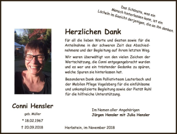 Traueranzeige von Conni Hensler von VRM Trauer