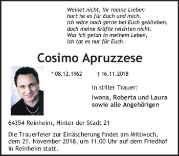 Traueranzeige von Cosimo Apruzzese von vrm-trauer