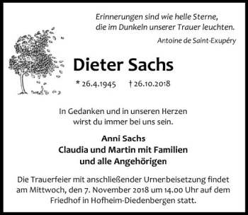 Traueranzeige von Dieter Sachs von vrm-trauer