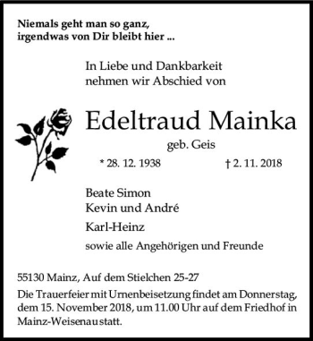 Traueranzeige von Edeltraud Mainka von vrm-trauer