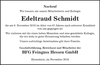 Traueranzeige von Edeltraud Schmidt von  Kreisanzeiger