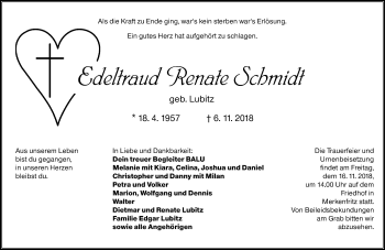 Traueranzeige von Edeltraud Renate Schmidt von  Kreisanzeiger