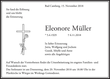 Traueranzeige von Eleonore Müller von  Camberger Anzeiger