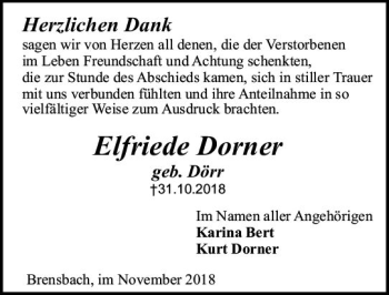 Traueranzeige von Elfriede Dorner von vrm-trauer