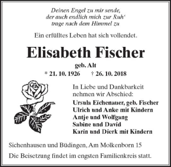 Traueranzeige von Elisabeth Fischer von  Kreisanzeiger