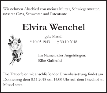 Traueranzeige von Elvira Wenchel von vrm-trauer