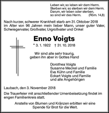 Traueranzeige von Enno Voigts von  Gießener Anzeiger
