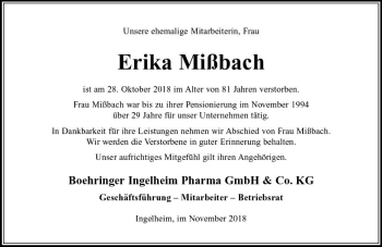 Traueranzeige von Erika Mißbach von vrm-trauer