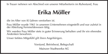 Traueranzeige von Erika Möller von vrm-trauer