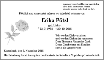 Traueranzeige von Erika Pötzl von  Gießener Anzeiger