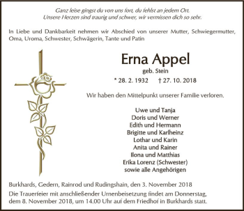 Traueranzeige von Erna Appel von  Kreisanzeiger