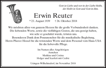 Traueranzeige von Erwin Reuter von  Usinger Anzeiger