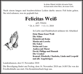 Traueranzeige von Felicitas Weiß von VRM Trauer