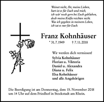 Traueranzeige von Franz Kohnhäuser von vrm-trauer