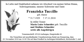 Traueranzeige von Franziska Tuccillo von vrm-trauer