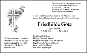Traueranzeige von Friedhilde Götz von vrm-trauer