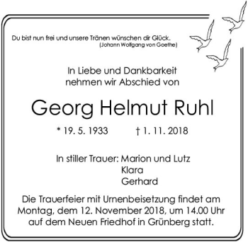 Traueranzeige von Georg Helmut Ruhl von VRM Trauer