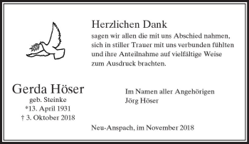 Traueranzeige von Gerda Höser von  Usinger Anzeiger