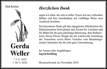 Traueranzeige von Gerda Weller von VRM Trauer