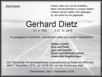 Traueranzeige von Gerhard Dietz von VRM Trauer