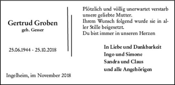 Traueranzeige von Gertrud Groben von vrm-trauer