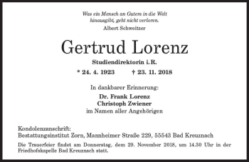 Traueranzeige von Gertrud Lorenz von vrm-trauer