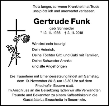 Traueranzeige von Gertrude Funk von  Gießener Anzeiger