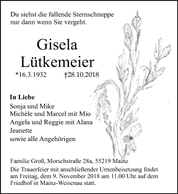 Traueranzeige von Gisela Lütkemeier von vrm-trauer