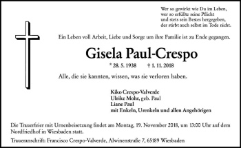 Traueranzeige von Gisela Paul-Crespo von vrm-trauer