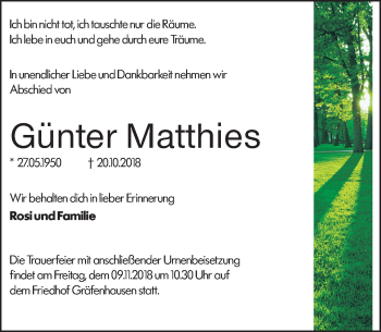 Traueranzeige von Günter Matthies von vrm-trauer