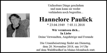 Traueranzeige von Hannelore Paulick von vrm-trauer