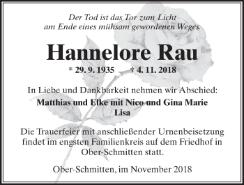 Traueranzeige von Hannelore Rau von  Kreisanzeiger