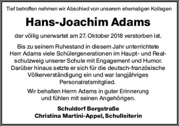 Traueranzeige von Hans-Joachim Adams von vrm-trauer