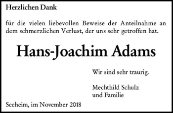 Traueranzeige von Hans-Joachim Adams von vrm-trauer