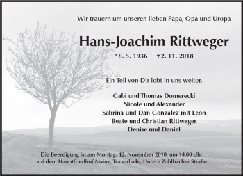 Traueranzeige von Hans-Joachim Rittweger von vrm-trauer