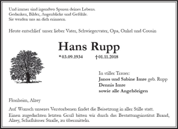 Traueranzeige von Hans Rupp von vrm-trauer