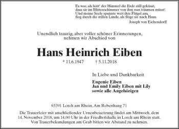 Traueranzeige von Hans Heinrich Eiben von vrm-trauer