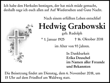 Traueranzeige von Hedwig Grabowski von vrm-trauer