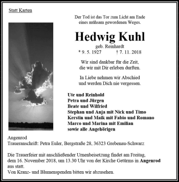 Traueranzeige von Hedwig Kuhl von VRM Trauer