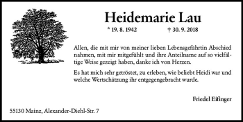 Traueranzeige von Heidemarie Lau von vrm-trauer