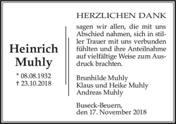 Traueranzeige von Heinrich Muhly von  Gießener Anzeiger