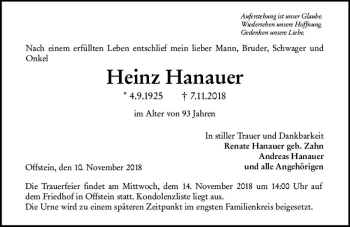 Traueranzeige von Heinz Hanauer von vrm-trauer