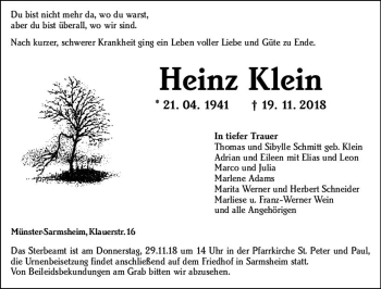Traueranzeige von Heinz Klein von vrm-trauer