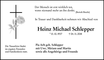 Traueranzeige von Heinz Michael Schlepper von vrm-trauer